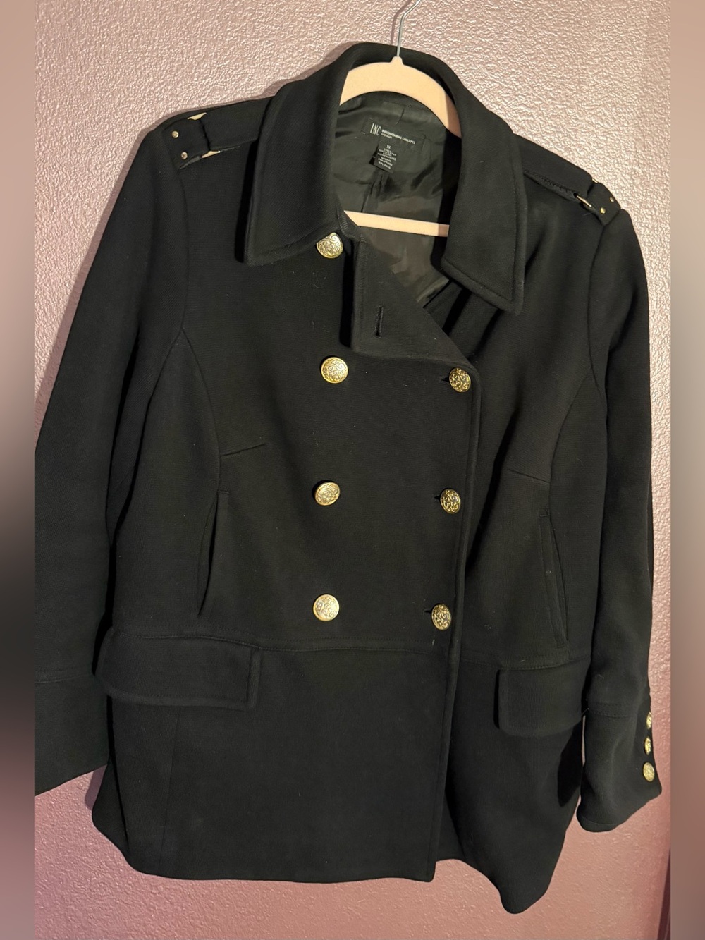 INC International Concepts Black Double-Breasted Peacoat with Gold Buttons